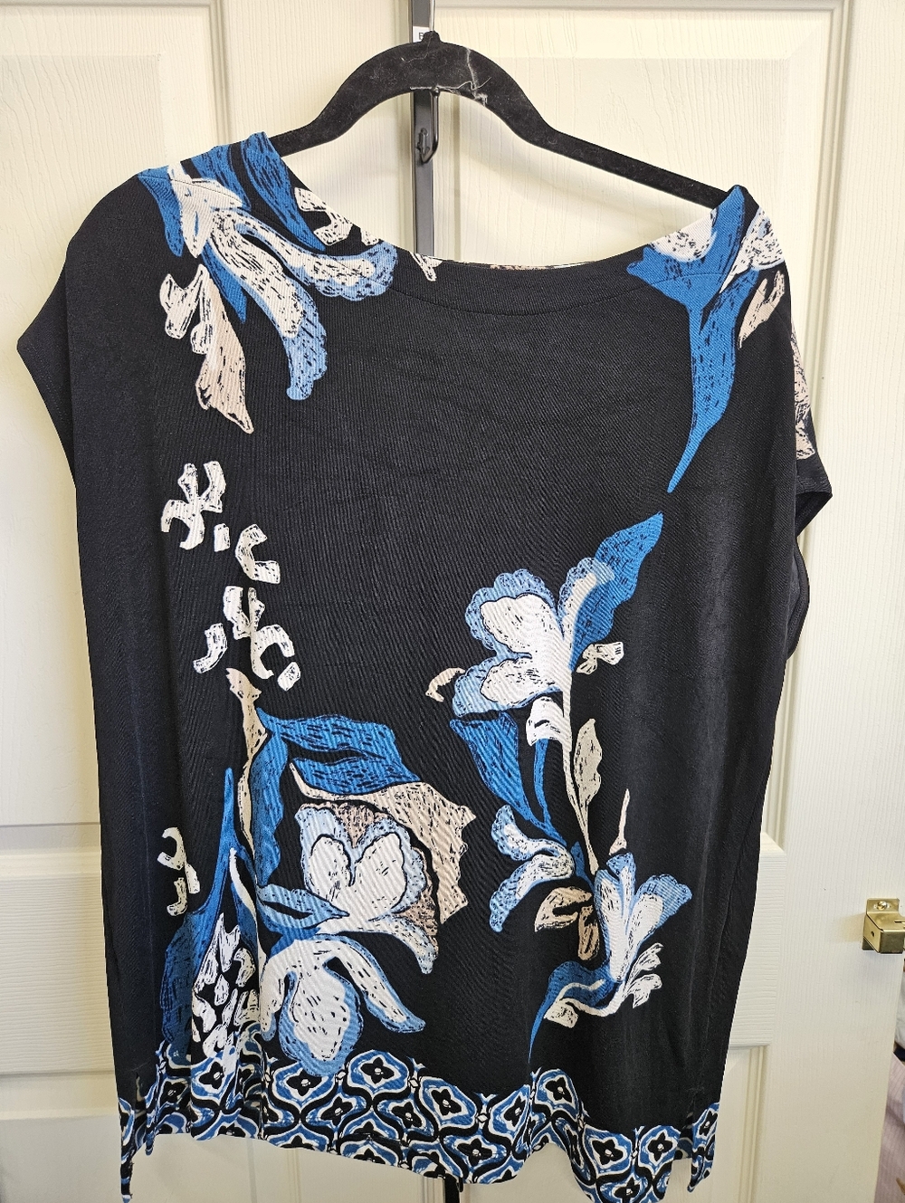 Chico's Black Tunic with Blue and Cream Floral Accents